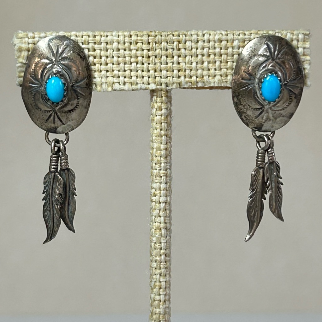 Vtg Navajo Signed Rb Begay Sterling Silver 925 Turquoise Conch Feather Earrings